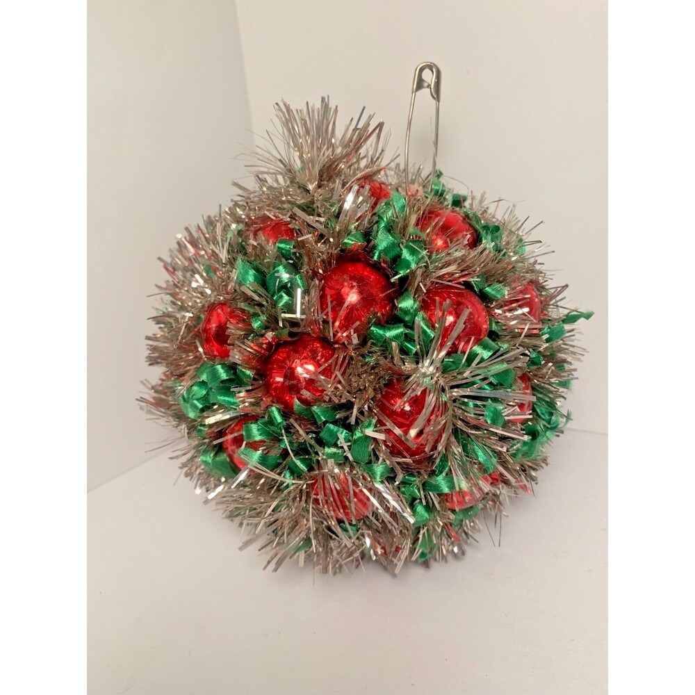 Vintage Christmas Tinsel Glass Ball Hanging Decoration 6" Red Ornaments